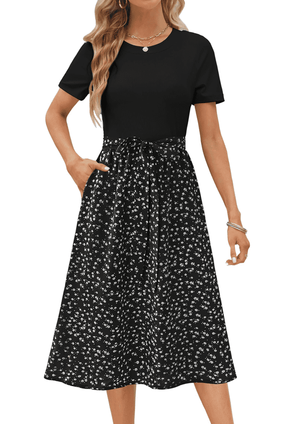 Summer Dresses for Women Short Sleeve Ribbed Casual Midi Dress Ladies Floral Print Sundress with Pockets