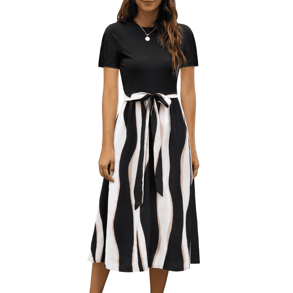 UVN Summer Dresses for Women Short Sleeve Ribbed Casual Midi Dress Ladies Floral Print Sundress with Pockets