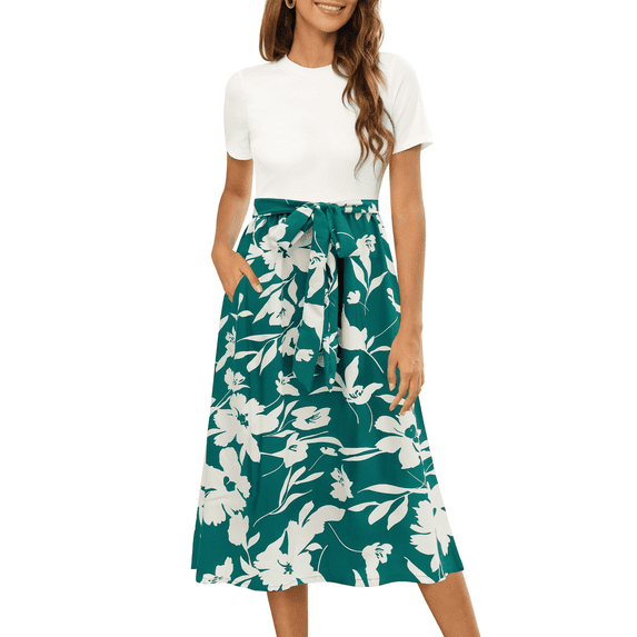 UVN Summer Dresses for Women Short Sleeve Ribbed Casual Midi Dress Ladies Floral Print Sundress with Pockets