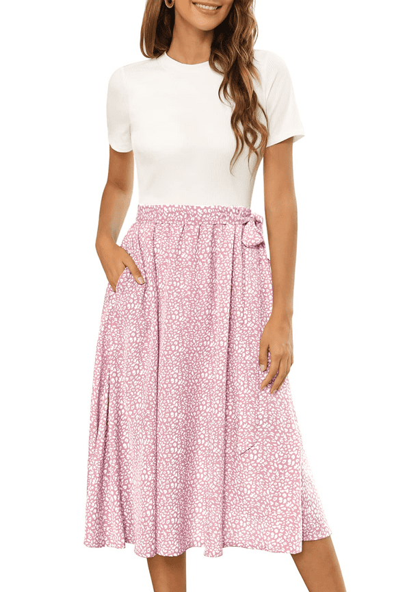 Summer Dresses for Women Short Sleeve Ribbed Casual Midi Dress Ladies Floral Print Sundress with Pockets