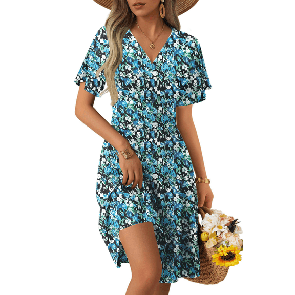 UVN Summer Dresses for Women Short Sleeve V Neck A-Line Midi Dress Boho Beach Floral Print Sundress