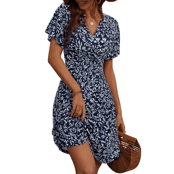 UVN Summer Dresses for Women Short Sleeve V Neck A-Line Midi Dress Boho Beach Floral Print Sundress