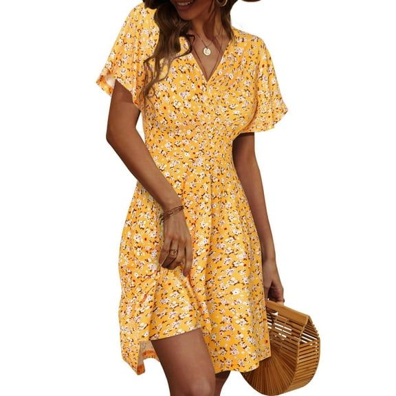 UVN Summer Dresses for Women Short Sleeve V Neck A-Line Midi Dress Boho Beach Floral Print Sundress
