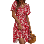 Summer Dresses for Women Short Sleeve V Neck A-Line Midi Dress Boho Beach Floral Print Sundress
