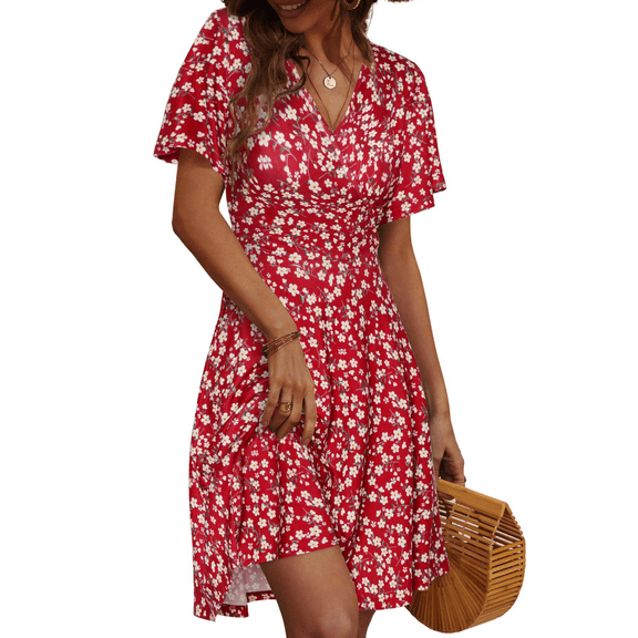 UVN Summer Dresses for Women Short Sleeve V Neck A-Line Midi Dress Boho Beach Floral Print Sundress
