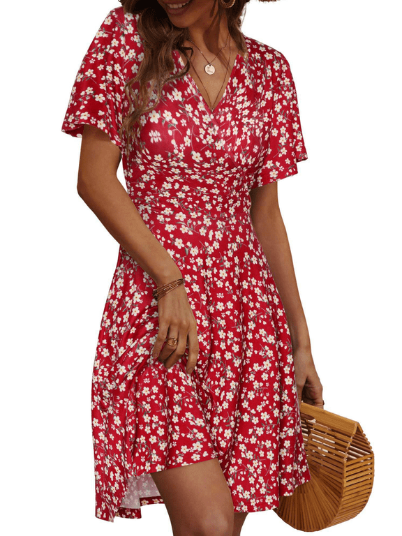 Summer Dresses for Women Short Sleeve V Neck A-Line Midi Dress Boho Beach Floral Print Sundress