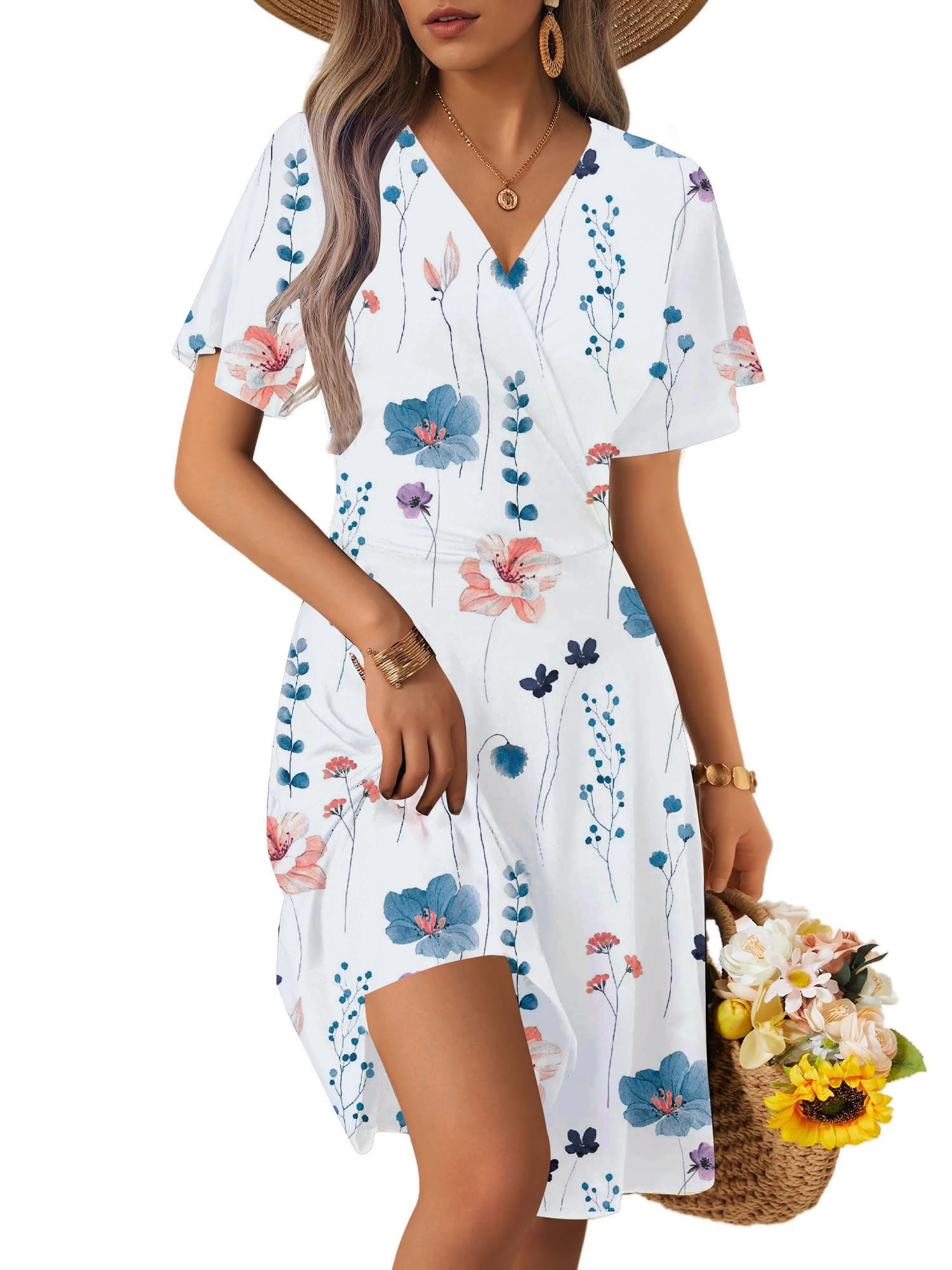 UVN Summer Dresses for Women Short Sleeve V Neck A-Line Midi