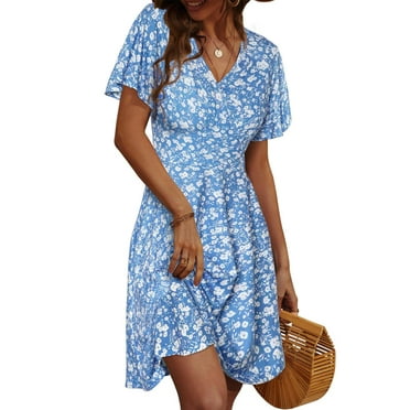 UVN Summer Dresses for Women Short Sleeve V Neck A-Line Midi Dress Boho Beach Floral Print Sundress