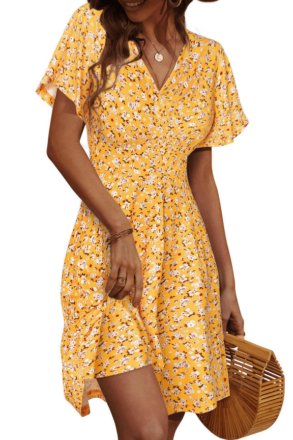 Summer Dresses for Women Short Sleeve V Neck A-Line Midi Dress Boho Beach Floral Print Sundress