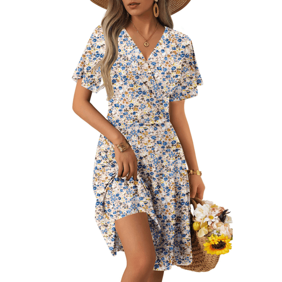 UVN Summer Dresses for Women Short Sleeve V Neck A-Line Midi Dress Boho Beach Floral Print Sundress