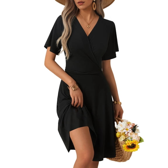 UVN Summer Dresses for Women Short Sleeve V Neck A-Line Midi Dress Boho Beach Floral Print Sundress