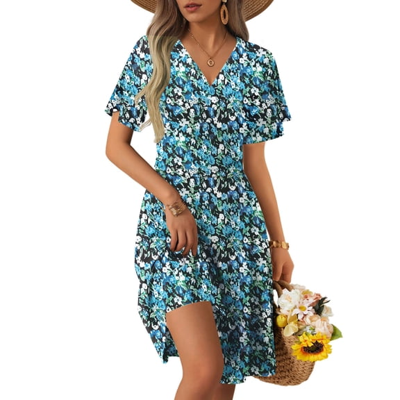 UVN Summer Dresses for Women Short Sleeve V Neck A-Line Midi Dress Boho Beach Floral Print Sundress