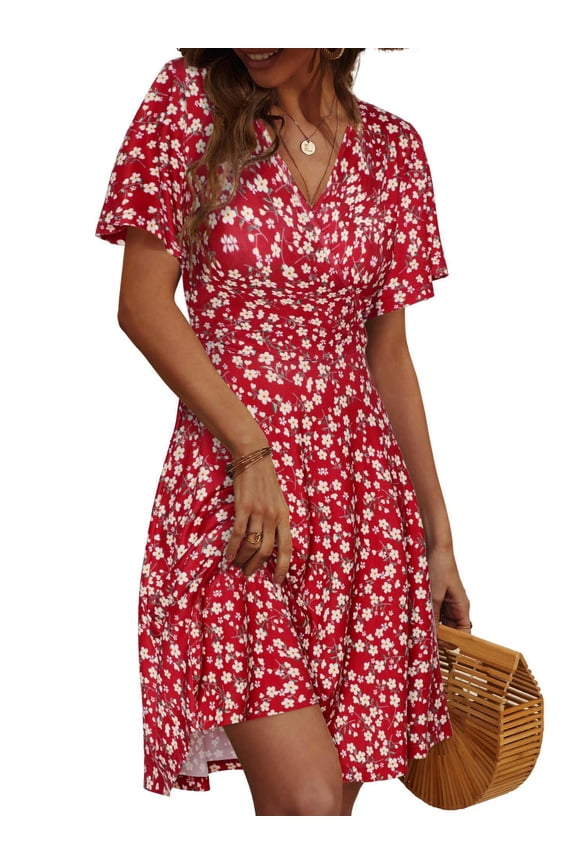Summer Dresses for Women Short Sleeve V Neck A-Line Midi Dress Boho Beach Floral Print Sundress