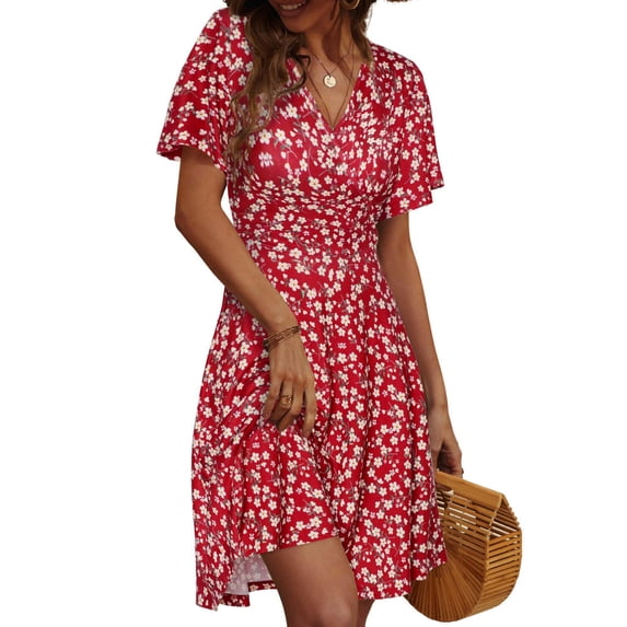 UVN Summer Dresses for Women Short Sleeve V Neck A-Line Midi Dress Boho Beach Floral Print Sundress