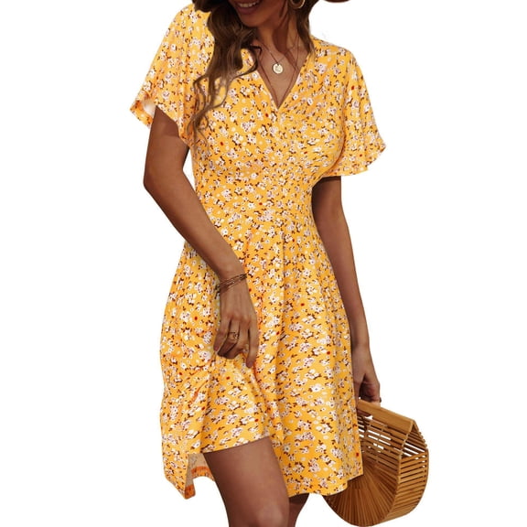 UVN Summer Dresses for Women Short Sleeve V Neck A-Line Midi Dress Boho Beach Floral Print Sundress