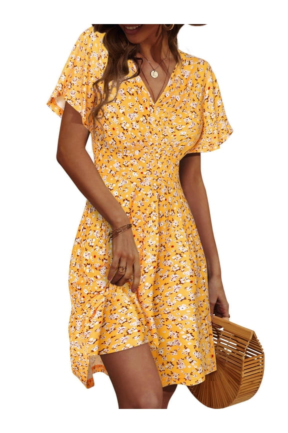 Summer Dresses for Women Short Sleeve V Neck A-Line Midi Dress Boho Beach Floral Print Sundress