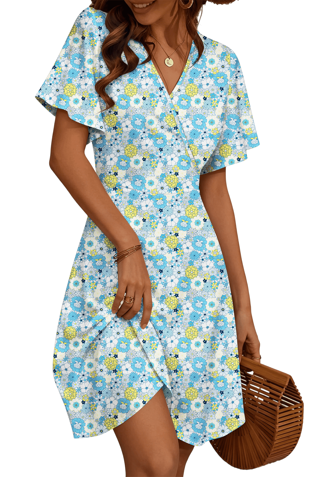 Uvn Summer Dresses for Women Short Sleeve V Neck A-Line Midi Dress Boho Beach Floral Print Sundress