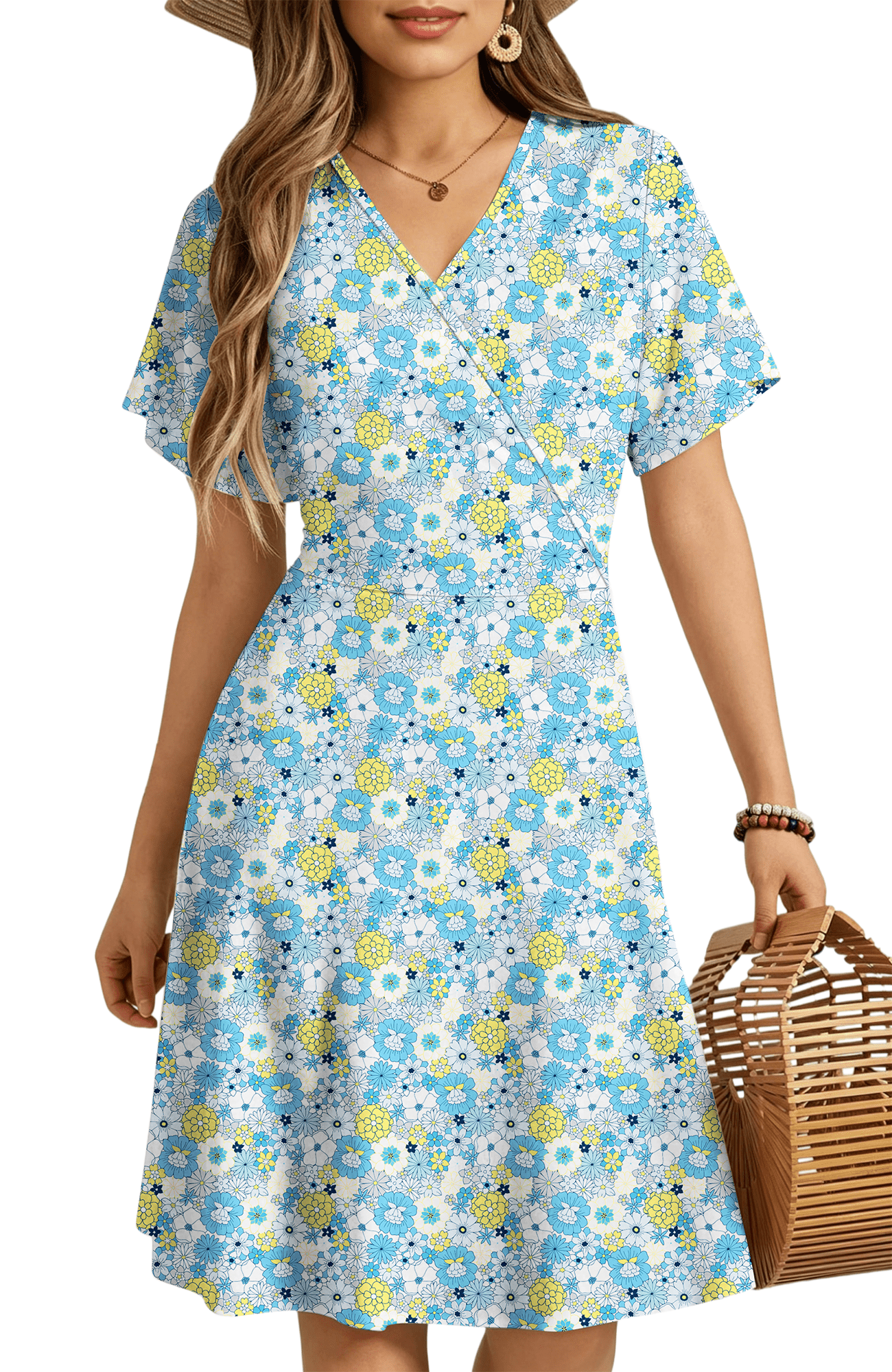 UVN Summer Dresses for Women Short Sleeve V Neck A-Line Midi Dress Boho ...