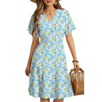 UVN Women's Short Sleeve V Neck A-Line Midi Dress Boho Beach Floral Print Sundress