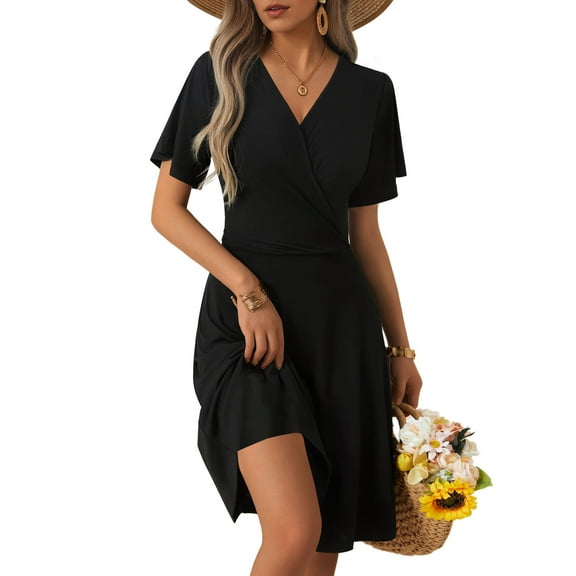 UVN Summer Dresses for Women Short Sleeve V Neck A-Line Midi Dress Boho Beach Floral Print Sundress