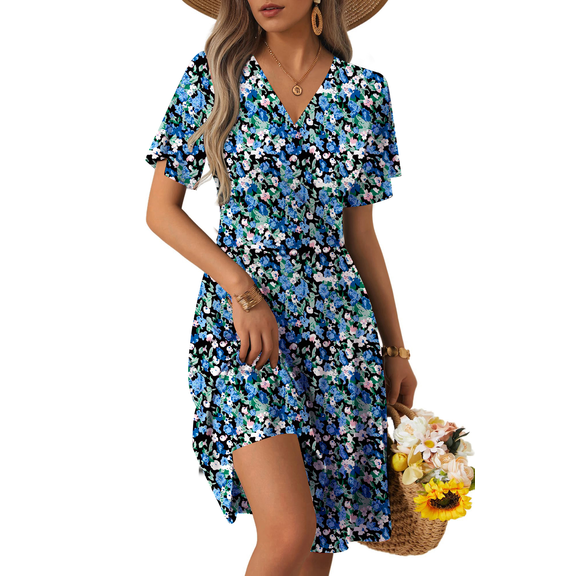 UVN Summer Dresses for Women Short Sleeve V Neck A-Line Midi Dress Boho Beach Floral Print Sundress