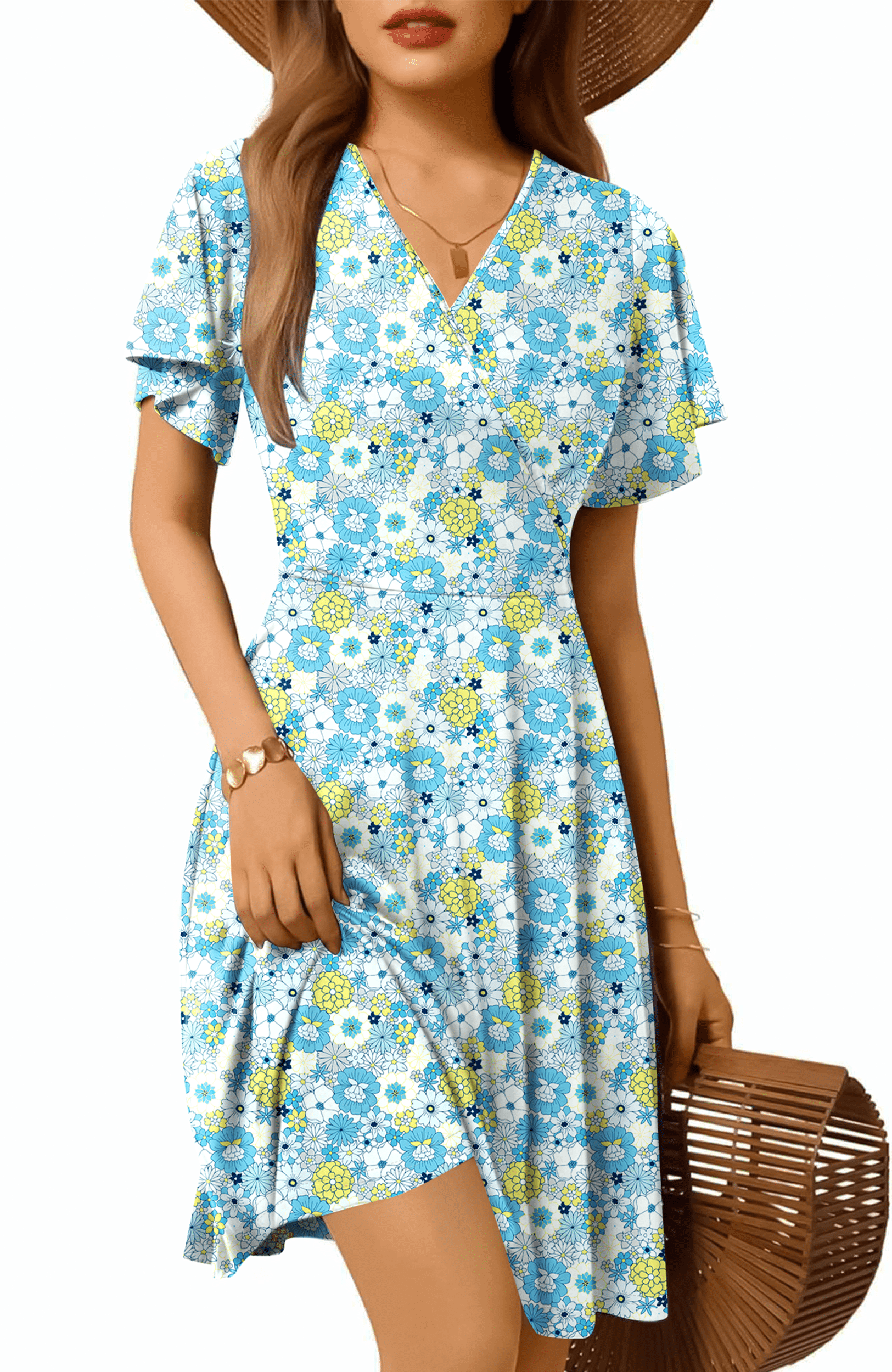 UVN Summer Dresses for Women Short Sleeve V Neck A-Line Midi Dress Boho ...