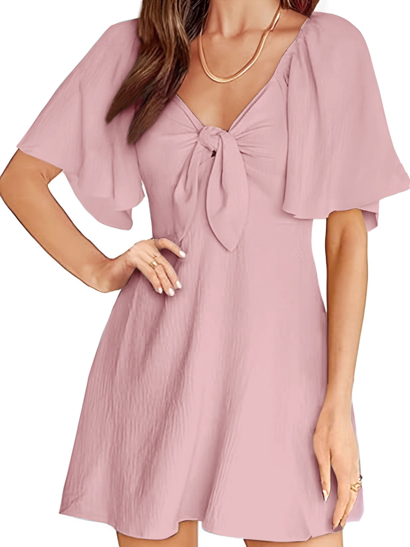 UVN Summer Dresses for Women Short Sleeve V Neck Midi Dress Elegant Bow ...