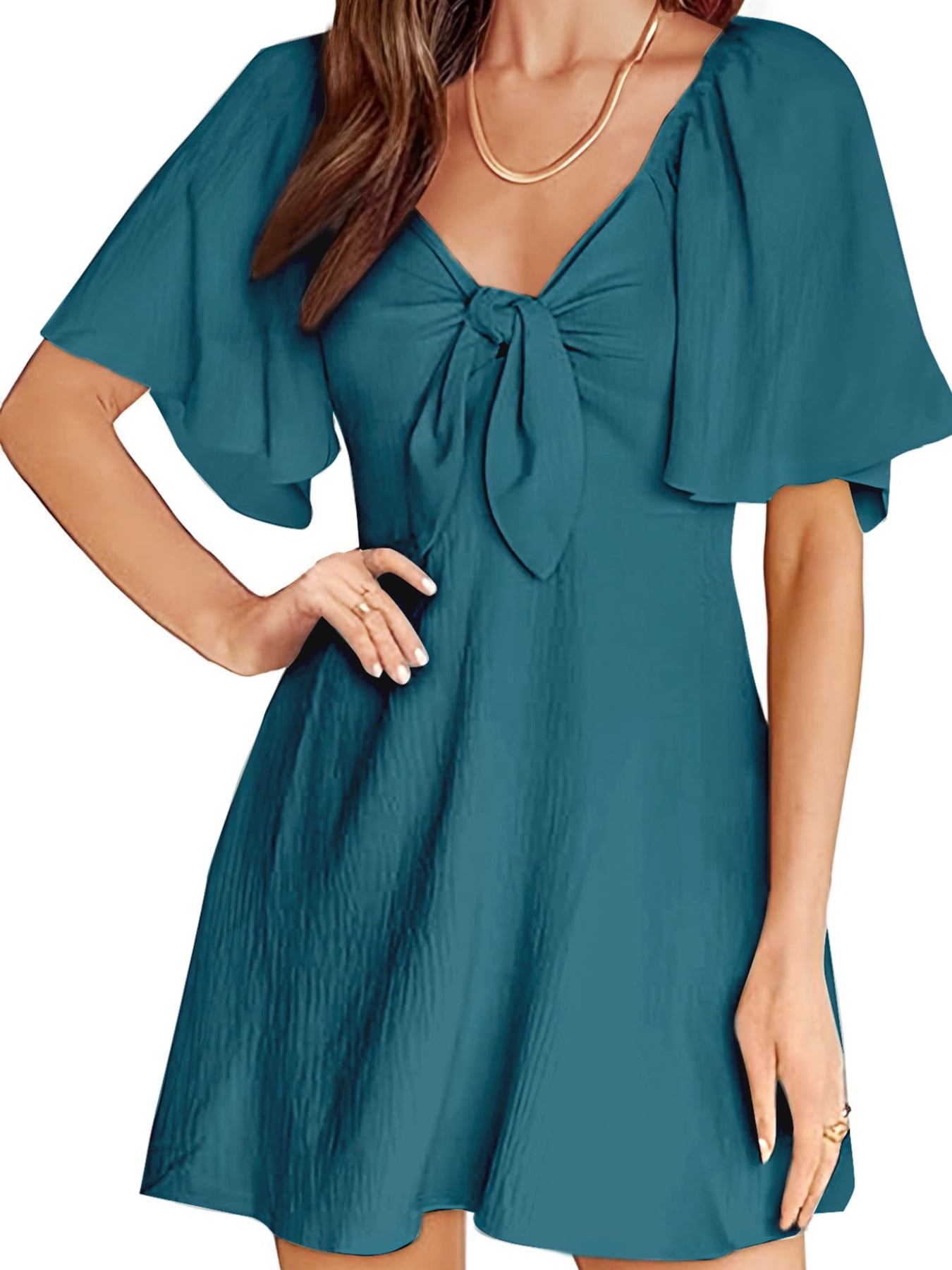 UVN Summer Dresses for Women Short Sleeve V Neck Midi Dress Elegant Bow ...