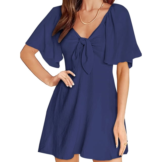 UVN Summer Dresses for Women Short Sleeve V Neck Midi Dress Elegant Bow ...