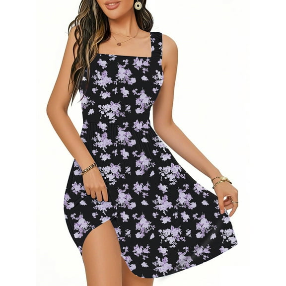 UVN Summer Dresses for Women Sleeveless Square Neck Midi Dress Boho Floral Print Beach Sundress with Pockets