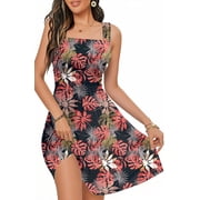 UVN Summer Dresses for Women Sleeveless Square Neck Midi Dress Boho Floral Print Beach Sundress with Pockets