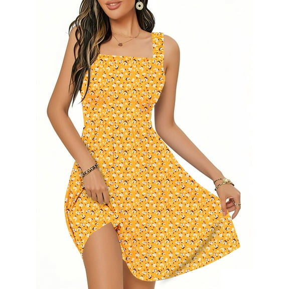 UVN Summer Dresses for Women Sleeveless Square Neck Midi Dress Boho Floral Print Beach Sundress with Pockets