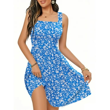 UVN Summer Dresses for Women Sleeveless Square Neck Midi Dress Boho Floral Print Beach Sundress with Pockets