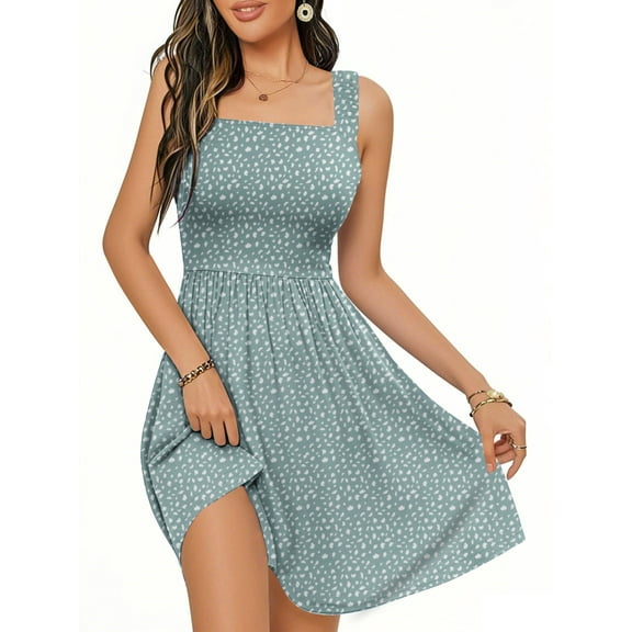 UVN Summer Dresses for Women Sleeveless Square Neck Midi Dress Boho Floral Print Beach Sundress with Pockets