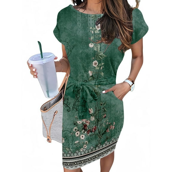 UVN Summer Dresses for Women Striped T Shirt Dress Casual Midi Dress Short Sleeve Sundress with Pockets