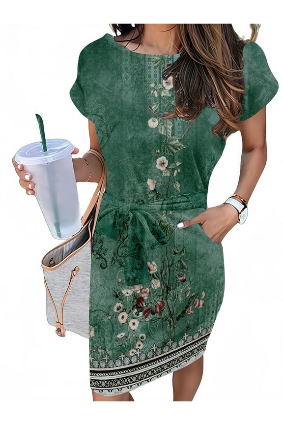 Summer Dresses for Women Striped T Shirt Dress Casual Midi Dress Short Sleeve Sundress with Pockets