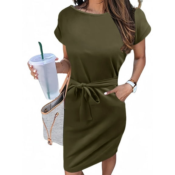 UVN Summer Dresses for Women Striped T Shirt Dress Casual Midi Dress Short Sleeve Sundress with Pockets