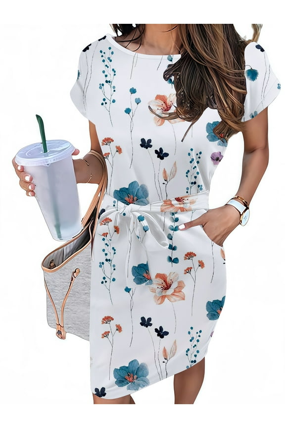 Summer Dresses for Women Striped T Shirt Dress Casual Midi Dress Short Sleeve Sundress with Pockets