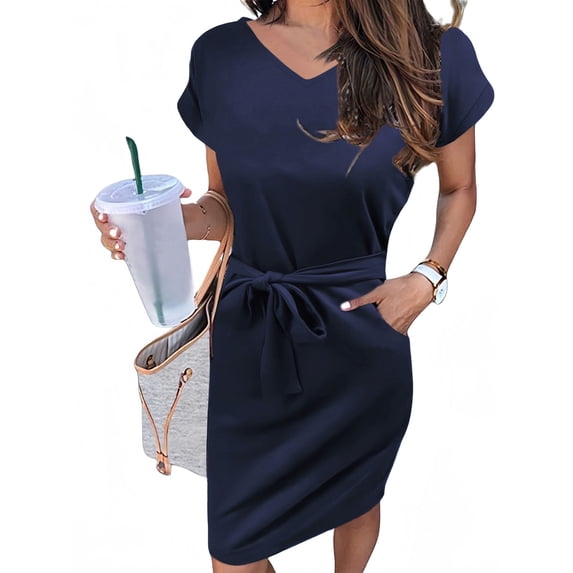 UVN Summer Dresses for Women Striped T Shirt Dress Casual Midi Dress Short Sleeve Sundress with Pockets