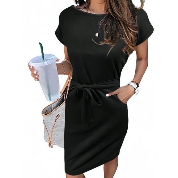 UVN Summer Dresses for Women Striped T Shirt Dress Casual Midi Dress Short Sleeve Sundress with Pockets