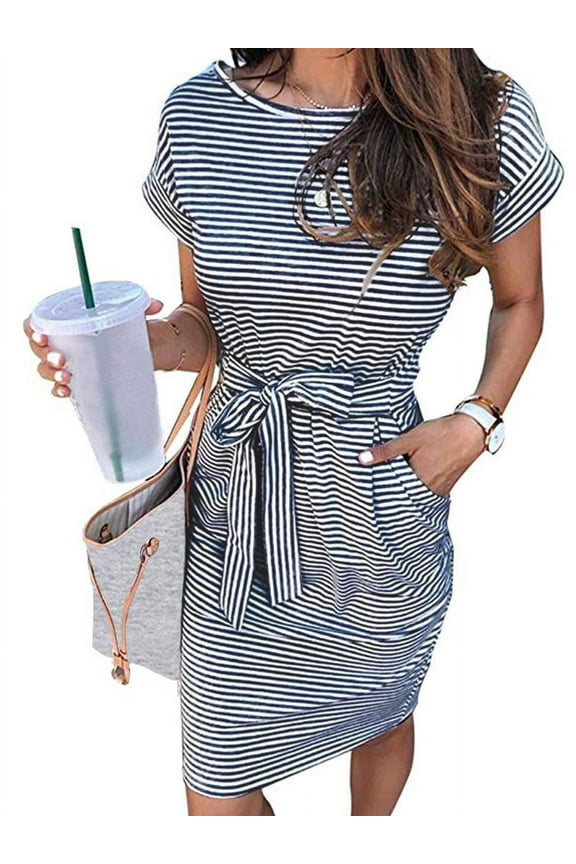 Summer Dresses for Women Striped T Shirt Dress Casual Midi Dress Short Sleeve Sundress with Pockets