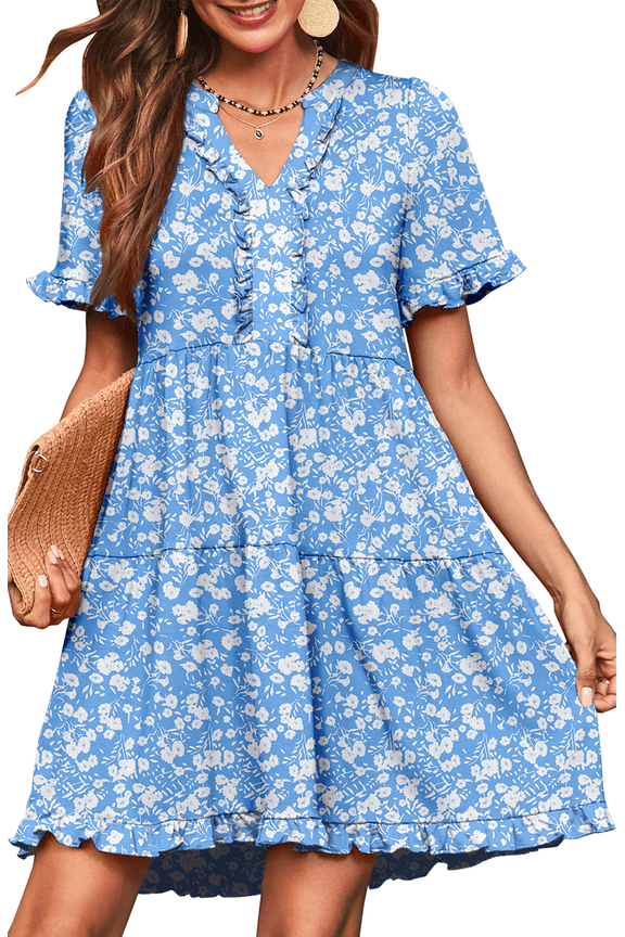 Summer Dresses for Women V Neck Short Sleeve Casual A Line Dress Flowy Swing Ruffle Sundress with Pockets