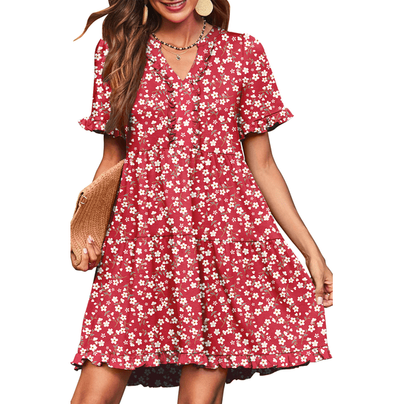 UVN Summer Dresses for Women V Neck Short Sleeve Casual A Line Dress Flowy Swing Ruffle Sundress with Pockets