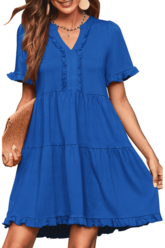 Summer Dresses for Women V Neck Short Sleeve Casual A Line Dress Flowy Swing Ruffle Sundress with Pockets