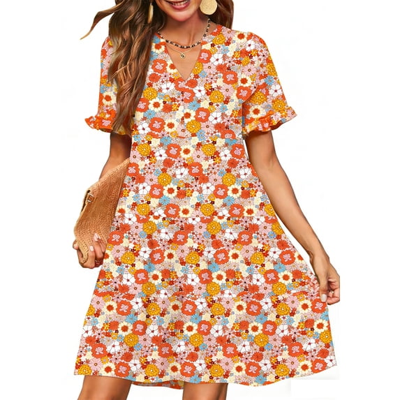 UVN Summer Dresses for Women V Neck Short Sleeve Casual A Line Dress Flowy Swing Ruffle Sundress with Pockets