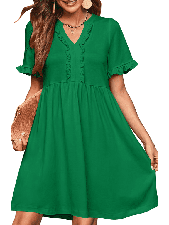 Summer Dresses for Women V Neck Short Sleeve Casual A Line Dress Flowy Swing Ruffle Sundress with Pockets