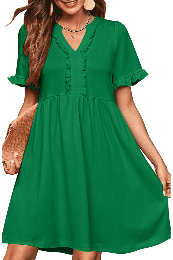 Summer Dresses for Women V Neck Short Sleeve Casual A Line Dress Flowy Swing Ruffle Sundress with Pockets