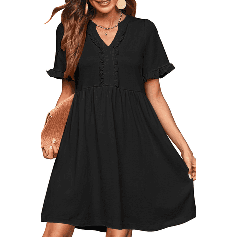 Summer Dresses for Women V Neck Short Sleeve Casual A Line Dress Flowy Swing Ruffle Sundress with Pockets