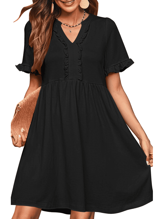 Summer Dresses for Women V Neck Short Sleeve Casual A Line Dress Flowy Swing Ruffle Sundress with Pockets