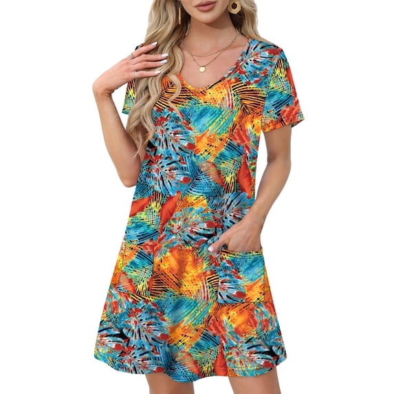 UVN Summer Dresses for Women V Neck Short Sleeve T Shirt Dress Casual Beach Sundress with Pockets